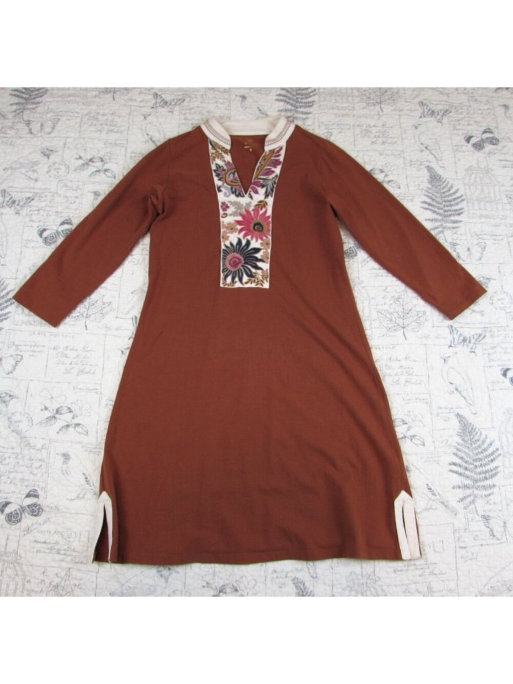 New Spartina 449 Tunic Dress Navy Brick Embroidered V Neck Woman Made in Peru S